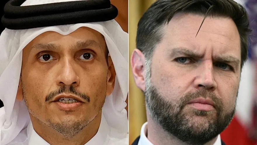 L/R, Qatar's Prime Minister and Foreign Minister Sheikh Mohammed bin Abdulrahman Al Thani in Doha on March 19, 2026 and US Vice President JD Vance