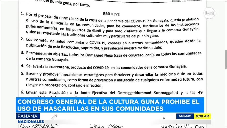 Congreso Cultural Guna emite resolución que prohíbe uso de mascarillas