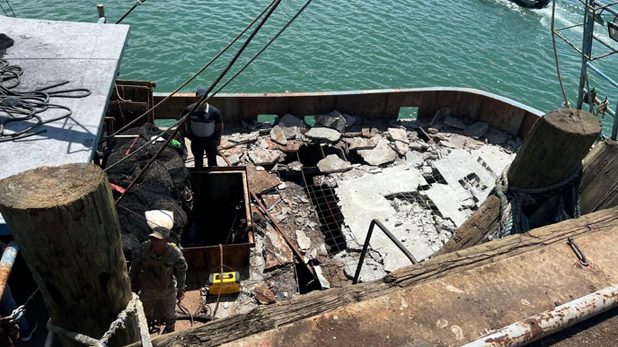 Personal de estamentos de seguridad inspeccionan la nave atracada en el Puerto Vacamonte