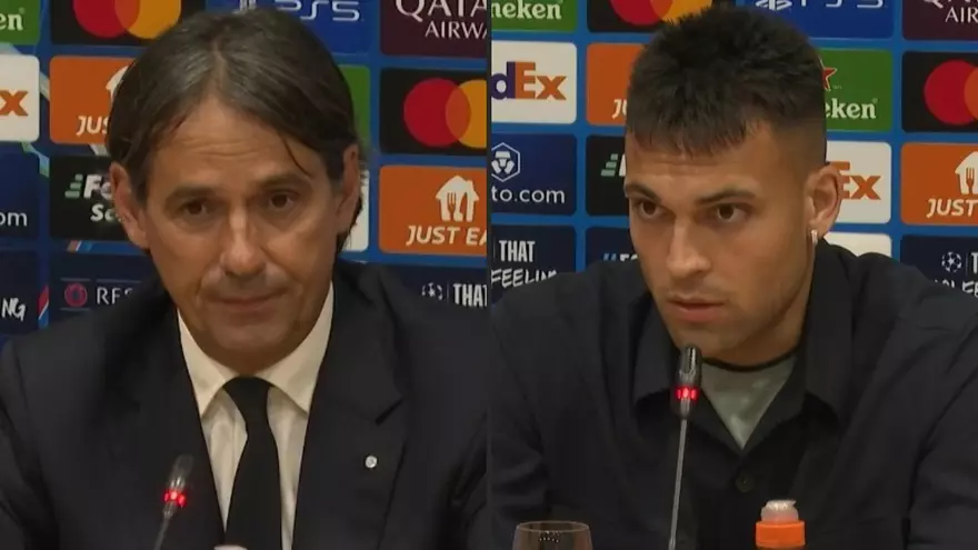 Simone Inzaghi y Lautaro Martínez previo al Barcelona vs Inter