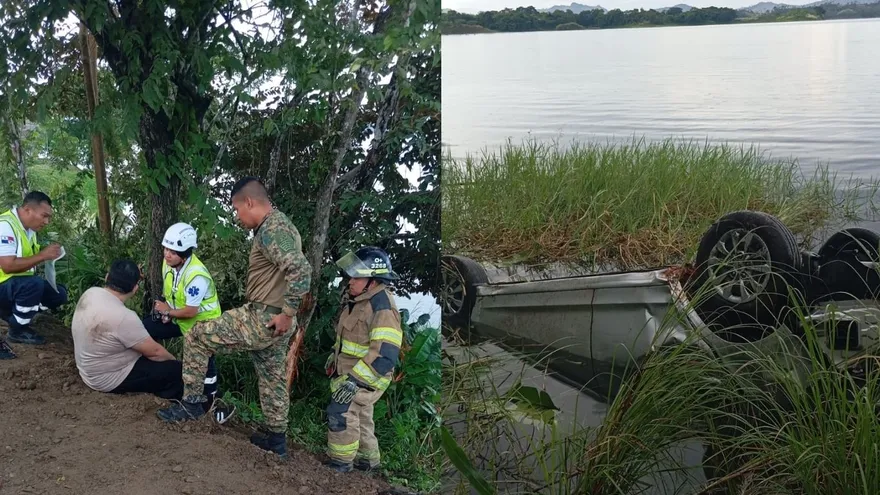 Bomberos atienden rescate de dos hombres que se accidentaron en un vehículo tipo Sedán que cayó a orilla del lago Bayano