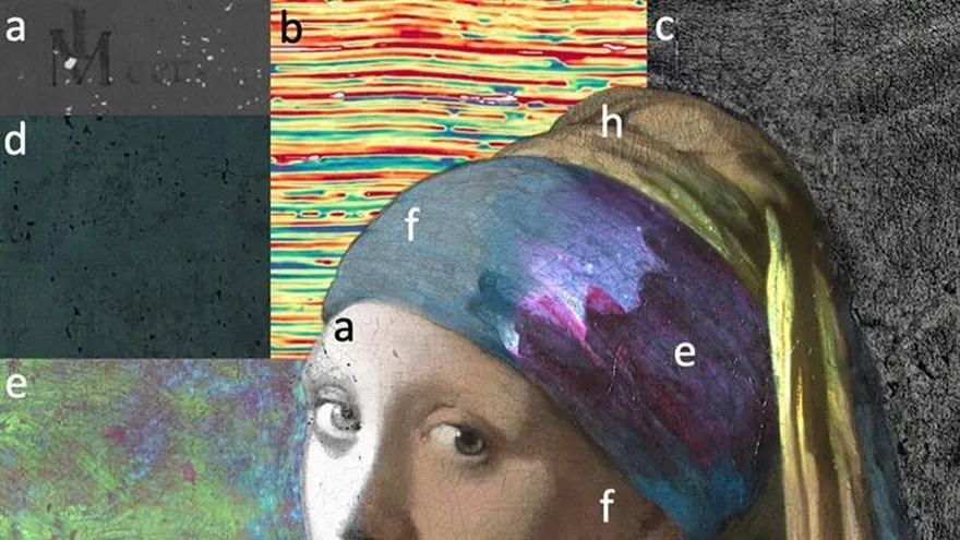 Vista de la investigación científica con técnicas como los rayos X fosforescentes, el análisis por capas de pintura, fotografía ultravioleta o escáner en 3D que se ha hecho sobre 'La Joven de la Perla' el cuadro de Johannes Vermeer, que ha mostrado este martes que el pintor holandés dibujó de marrón las pestañas de la chica, aunque estas sean casi invisibles, y el fondo de la pintura no es un espacio oscuro vacío, sino una cortina verde.