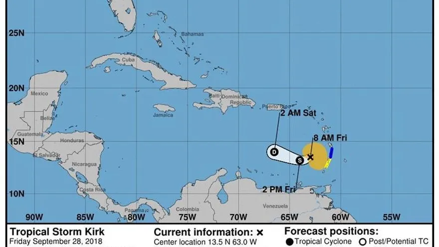 Imagen cedida por el Centro Nacional de Huracanes (NHC) el 28 de septiembre de 2018, que muestra el pronóstico de tres días de la tormenta tropical Kirk.