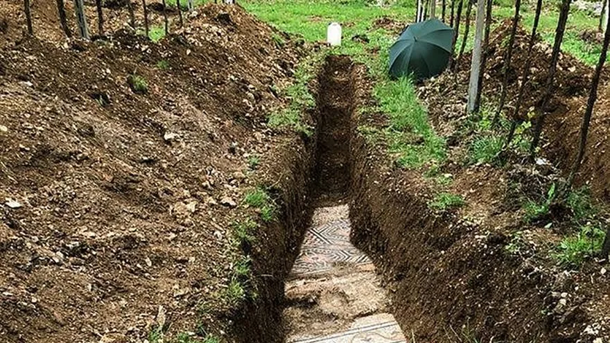 Fragmento del gran mosaico de una villa romana del siglo III d.C, en un excepcional estado de conservación, que ha salido a la luz bajo unos viñedos de Negrar, en la provincia de Verona (norte), después de años de fallidos intentos por encontrar este tesoro arqueólogico del que ya se conocía su existencia.