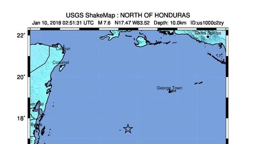 Imagen cedida por el Servicio Geológico de los Estados Unidos (USGS), de un mapa de movimientos telúricos que muestra el epicentro (marcado con una estrella) de un fuerte terremoto de magnitud 7,8 en la escala de Richter