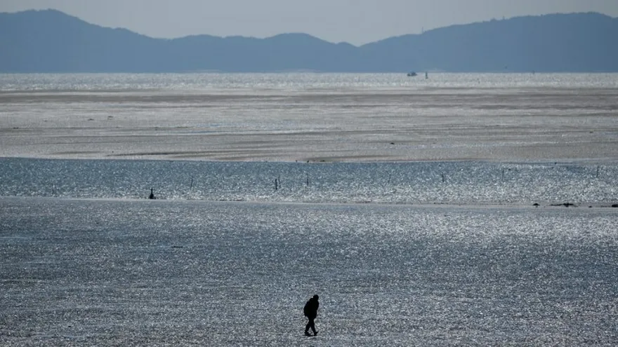 Una persona camina frente a una playa