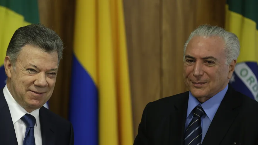 El Presidente de Brasil, Michel Temer, y su homólogo de Colombia, Juan Manuel Santos, ofrecen una conferencia de prensa conjunta hoy, martes 20 de marzo de 2018, en Brasilia (Brasil)