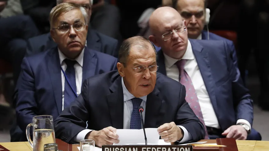 El ministro de Asuntos Exteriores de Rusia, Serguéi Lavrov, interviene en una reunión del Consejo de Seguridad de la ONU
