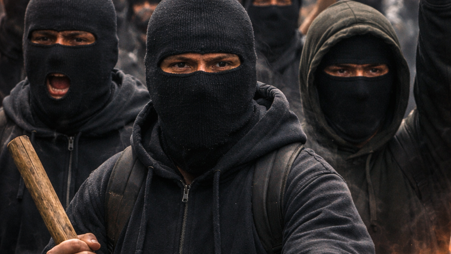 Foto generada con IA que muestra personas en protesta usando pasamontañas