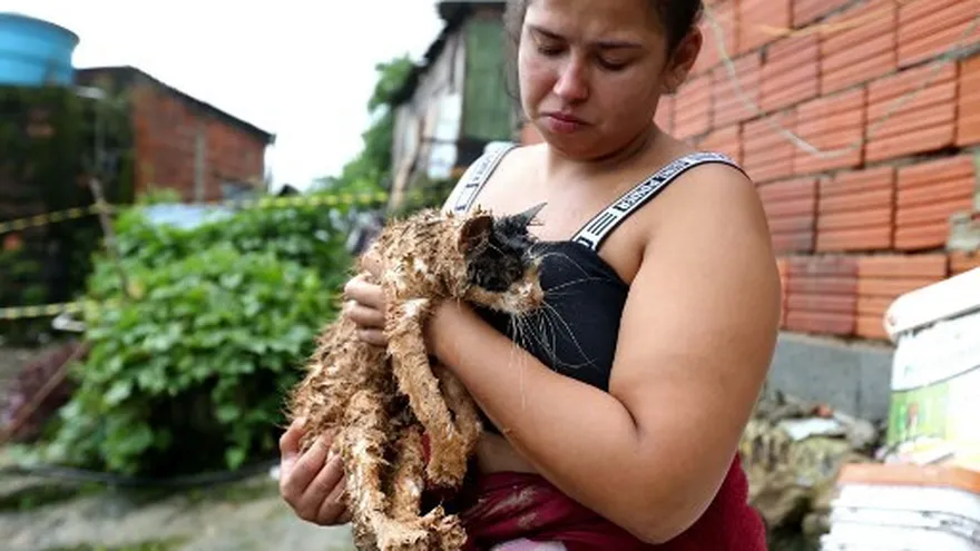 Una mujer sostiene un gato rescatado en las inundaciones