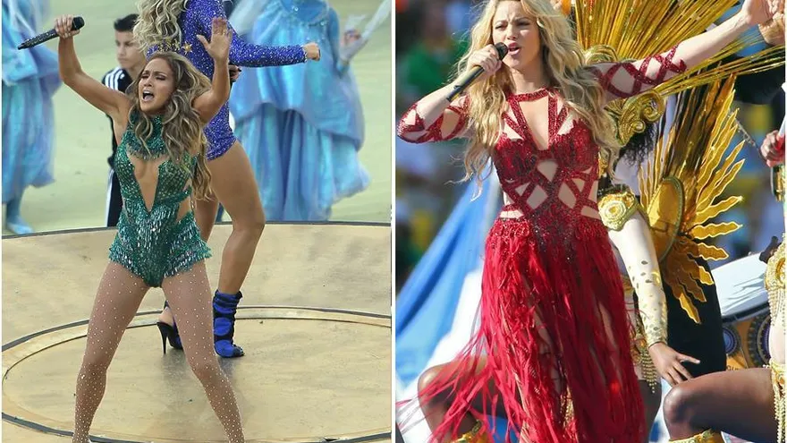 Combo de fotografías de archivo que muestran a las cantantes Jennifer López (i) y Shakira durante sus presentaciones en la ceremonia de apertura y clausura, respectivamente, del Mundial de la FIFA Brasil 2019.