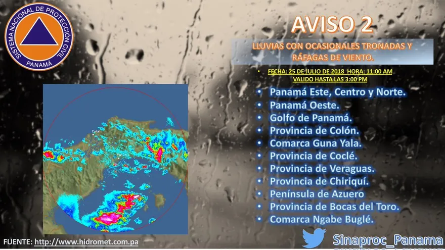 Sinaproc emite aviso de prevención por lluvias con tronadas y ráfagas de viento