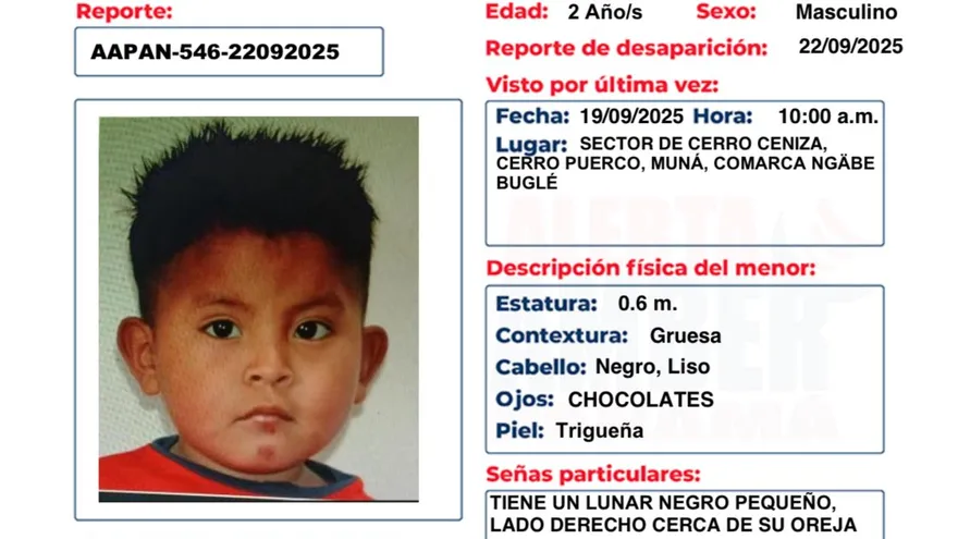 Se trata de Alberto Montezuma Santos, de 2 años, quien fue visto por última vez el 19 de septiembre a las 10:00 a.m. en el sector de Cerro Ceniza ubicado en el corregimiento de Cerro Puerco, distrito de Müna, comarca Ngäbe-Buglé.