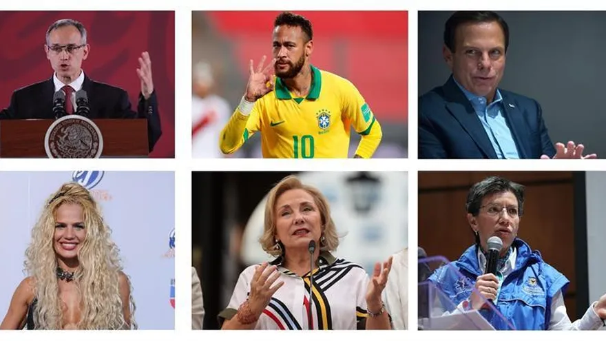 Combo de fotografías de archivo que muestra a (i-d) arriba el subsecretario de Prevención y Promoción de la Salud, Hugo López-Gatell; el jugador de fútbol brasileño Neymar, el alcalde del estado de Sao Paulo, Joao Doria. (i-d, abajo) la cantante cubana Niurka Ramos, la primera dama de Chile, Cecilia Morel y la alcaldesa de Bogotá, Claudia López.