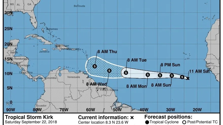 Imagen cedida por el Centro Nacional de Huracanes (NHC), que muestra el pronóstico de tres días de la tormenta tropical Kirk, durante su avance hacia el oeste en el Atlántico desde las costas de África