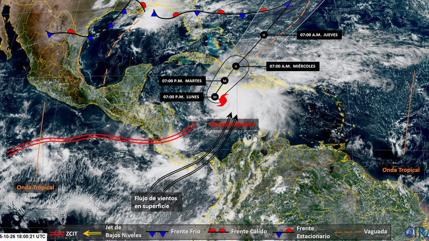 Imagen de satélite con análisis de superficie de las 01:00 p.m. del 26 de octubre de 2025, en donde se puede observar el desplazamiento del huracán Melissa..