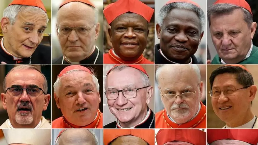 Esta combinación de imágenes creada el 21 de abril de 2025 muestra (Arriba de izquierda a derecha) al cardenal italiano Matteo Zuppi, al cardenal húngaro Peter Erdo, al cardenal congoleño Fridolin Ambongo, al cardenal ghanés Peter Kodwo Appiah Turkson, y al cardenal maltés Mario Grech; (Centro de izquierda a derecha) al patriarca latino de Jerusalén, el italiano Pierbattista Pizzaballa, al cardenal francés Jean-Marc Aveline, al secretario de Estado del Vaticano, el cardenal italiano Pietro Parolin, al cardenal sueco Anders, y al cardenal filipino Luis Tagle; (Abajo de izquierda a derecha) al cardenal italiano Claudio Gugerotti, al cardenal estadounidense Robert Francis Prevost, al cardenal birmano Charles Maung Bo, al cardenal luxemburgués Jean-Claude Hollerich, y al cardenal estadounidense Timothy Dolan.