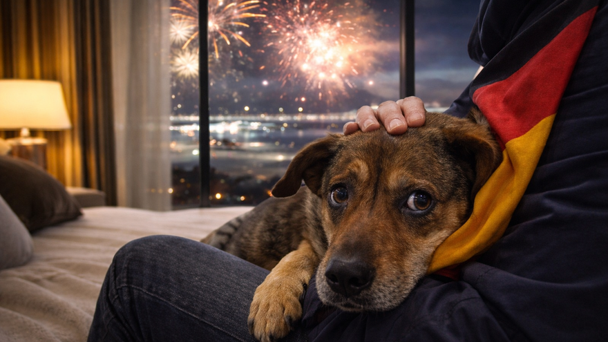 Un dueño de mascota sostiene en sus brazos a su perro mestizo por temor a los fuegos artificiales. Creada con inteligencia artificial.
