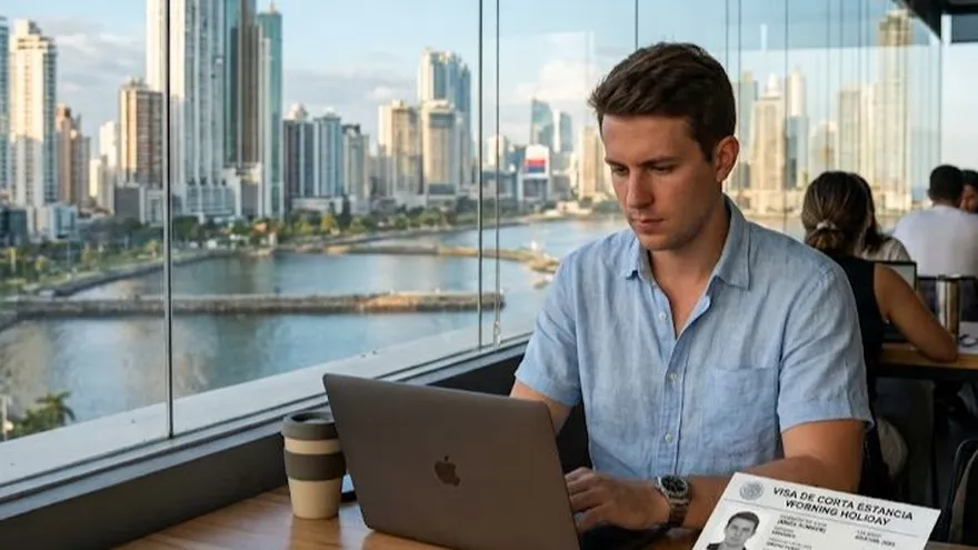 Imagen ilustrativa de un joven extranjero trabajando en Panamá con la visa de corta estancia working holiday. Imagen generada con inteligencia artificial.