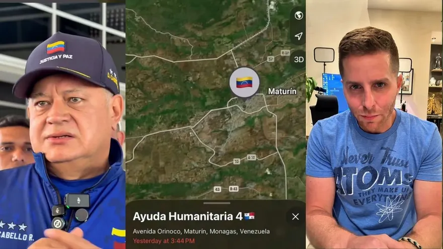 Ministro del interior de Venezuela, Diosdado Cabello y Mayer Mirzrachi, alcalde de Panamá. En el centro de ambos se observa la imagen satelital del air tag que colocó el alcalde a las donaciones enviadas.