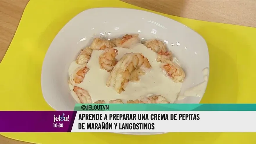 ¡Una deliciosa locura! Crema de pepitas de marañón con langostinos.