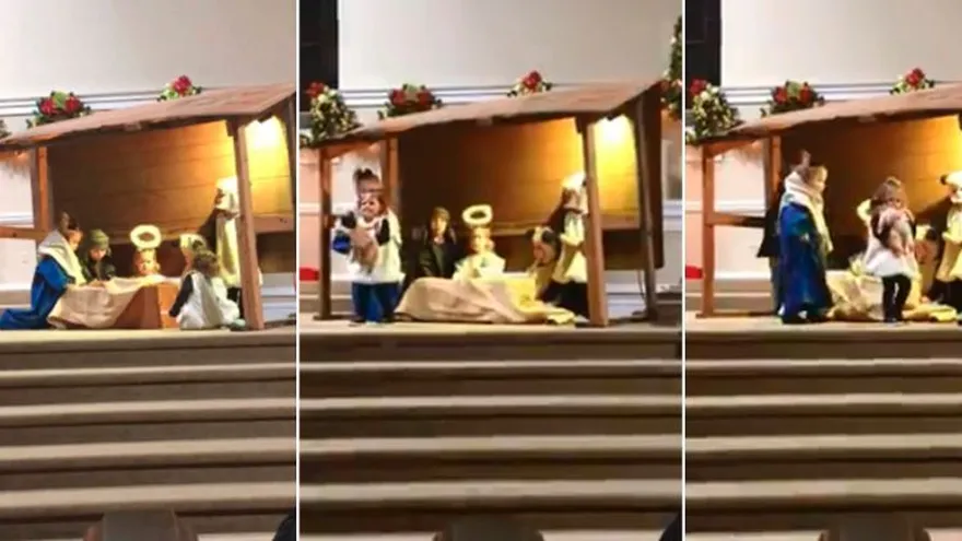 Niña oveja, roba niño Jesús en pesebre y pelea con María