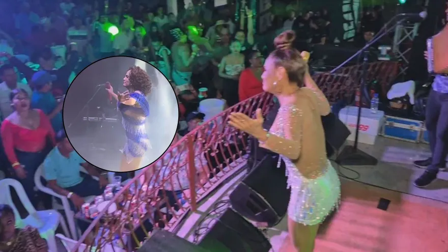 Sandra Sandoval en uno de sus bailes y en la burbuja se muestra el look con la peluca