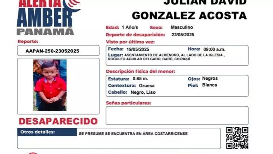 Alerta Amber por Jualián David González desaparecido en la provincia de Chiriquí.