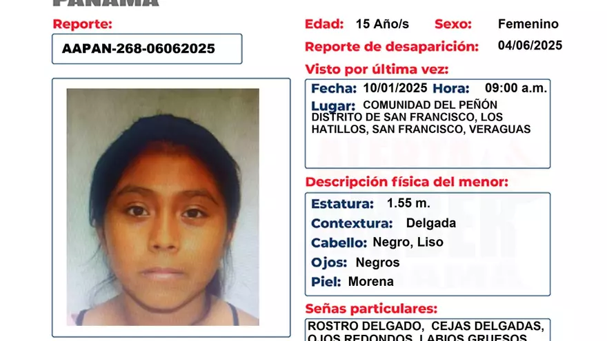 Se trata de Brittany Nicole Rodríguez, de 15 años, quien fue vista por última vez el 10 de enero a las 9:00 a.m. en la comunidad del Peñón en el distrito de San Francisco ubicado en el área de Los Hatillos, San Francisco, Veraguas.