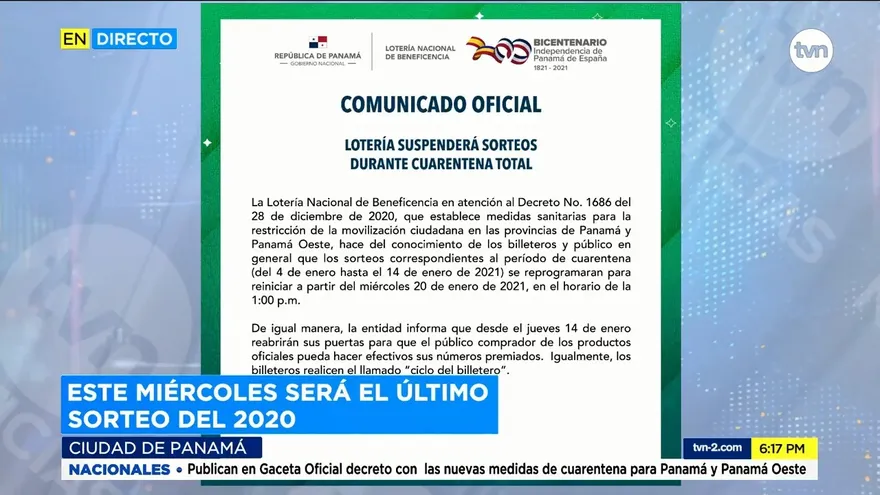 Lotería Nacional anuncia suspensión de sorteos durante la cuarentena total