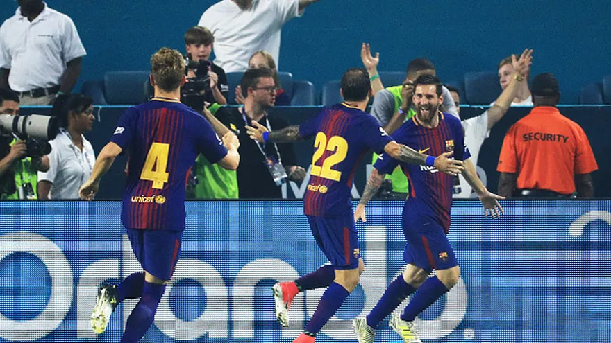 Lionel Messi celebra el gol anotado ante Real Madrid en un partido amistoso en Miami, EEUU