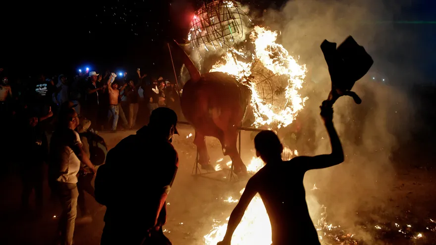 Personas se resguardan mientras otras corren alrededor de un tradicional “torito”, una estructura para fuegos artificiales elaborada con papel maché