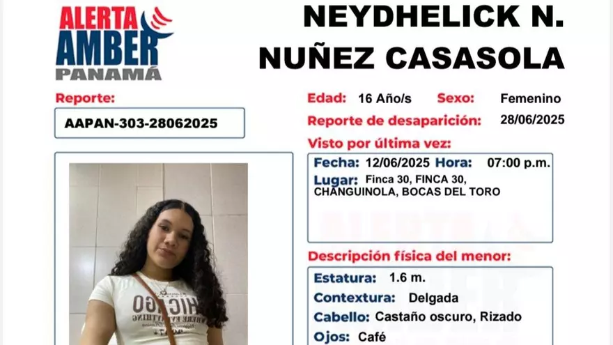 Se trata de Neydhelick Naibel Núñez Casasola, de 16 años, quien fue vista por última vez el 12 de junio a las 7:00 p.m. en la comunidad de Finca 30 en el distrito de Changuinola, Bocas del Toro.