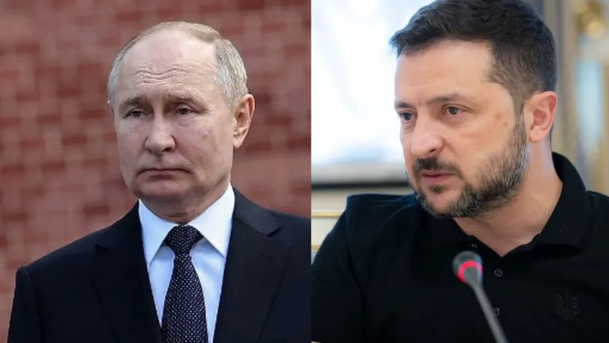 De izq a der. Vladimir Puton, jefe de Rusia y Volodimir Zelenski, jefe de Ucrania