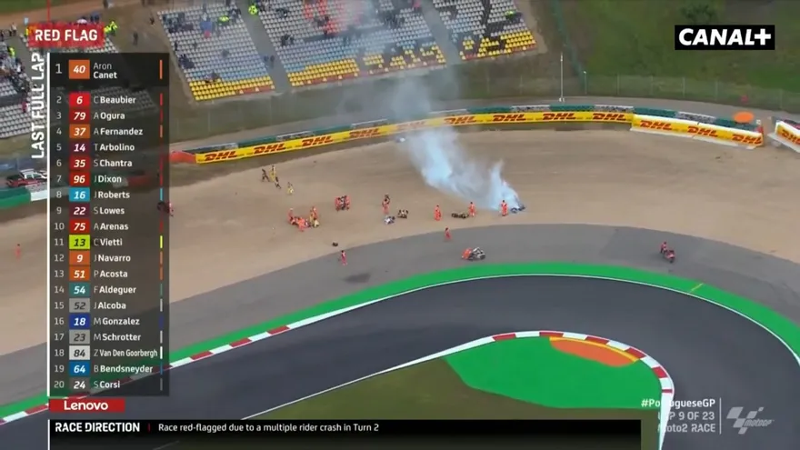 Aparatoso accidente en Moto2 deja una decena de pilotos accidentados