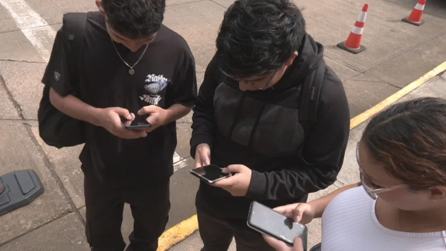 Varios jóvenes universitarios usando sus celulares.