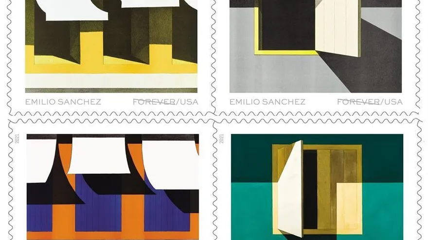 Fotografía cedida por el Servicio Postal de Estados Unidos (USPS) donde se muestran cuatro sellos con sus coloridas litografías y pinturas arquitectónicas del artista cubanoestadounidense Emilio Sánchez: "Los Toldos" (1973), "Ty's Place" (1976), "En el Souk" (1972) y "Sin título (Ventanita entreabierta)" (1981)