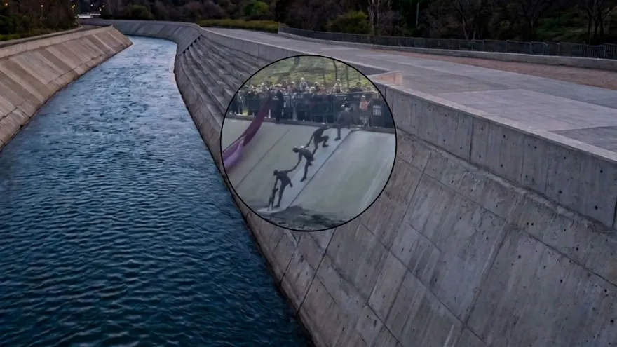 Imagen de un canal generada con IA y captura de video de la escultura