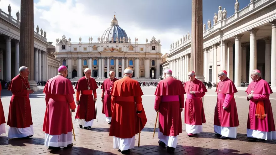 Imagen ilustrativa que simula cárdenales en las afueras del Vaticano