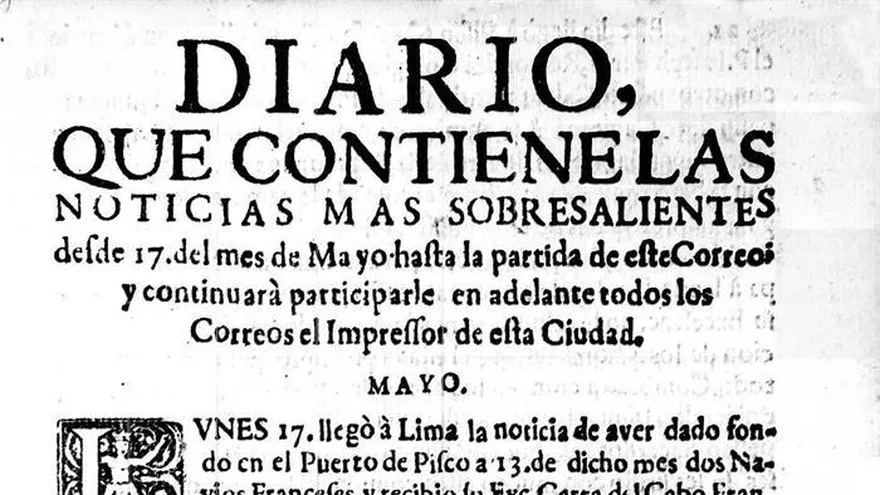 Fotografía sin fecha, de la reproducción del primer periódico de toda la serie comprendida en el "Diario de Noticias Sobresalientes de Lima y Noticias de Europa", publicado en Lima (Perú) entre 1700 y 1711.