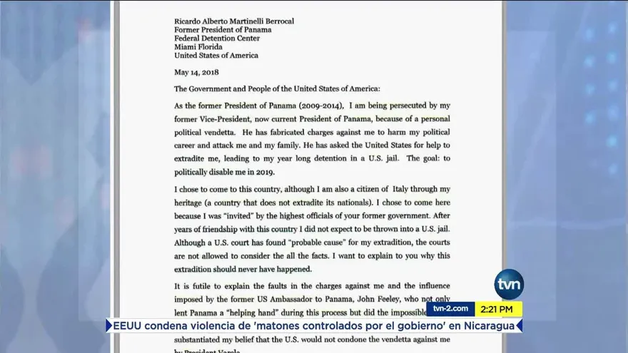 Revelan carta de Martinelli al Departamento de Estado de EEUU