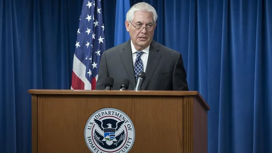 El secretario de Estado de EE.UU., Rex Tillerson, durante una rueda de prensa en la Oficina de Aduanas y Protección Fronteriza en Washington, DC el 6 de marzo de 2017.