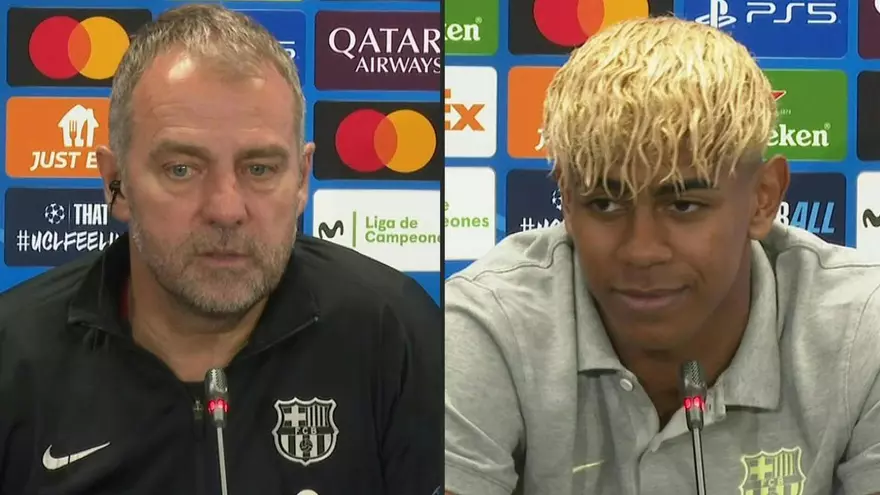 Hansi Flick y Lamine Yamal previo al partido de Champions League Barcelona vs Inter