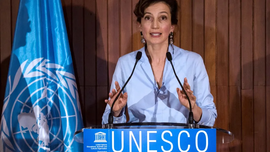 La directora general de la Unesco Audrey Azoulay,en su sede en París (Francia)
