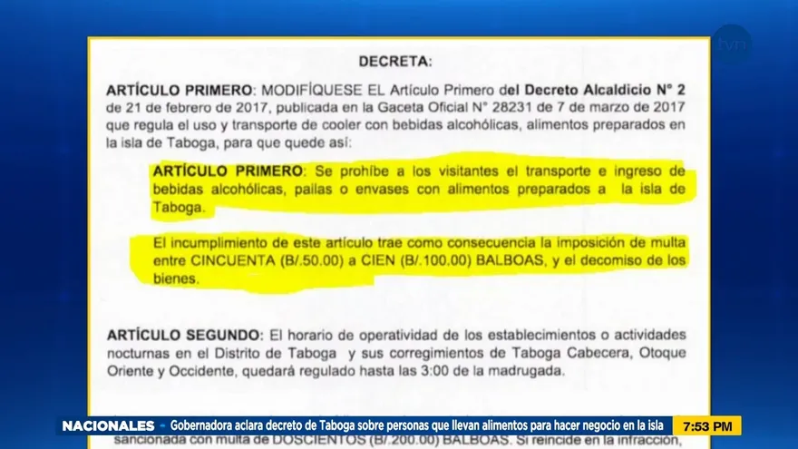 Polémica por medida de restricción de comidas y bebidas en Taboga