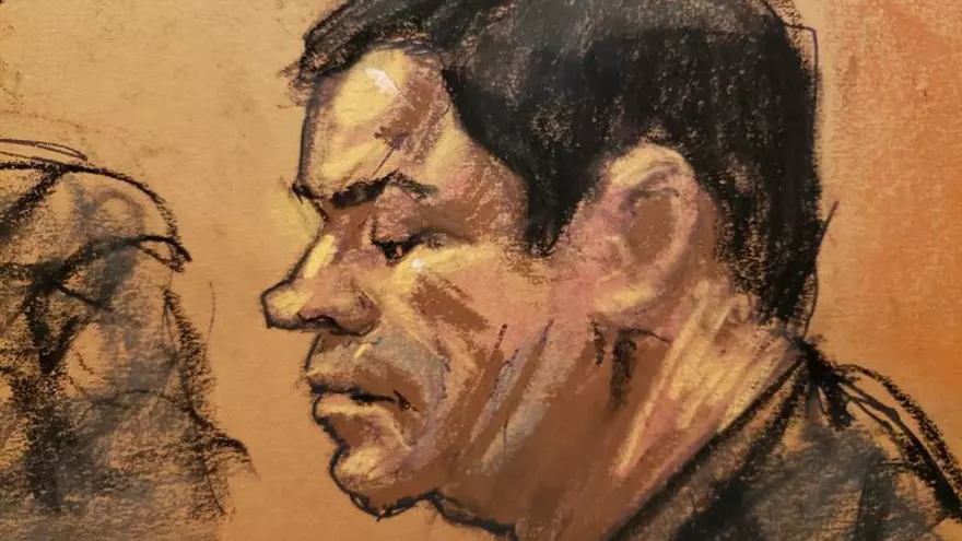 Reproducción fotográfica de un dibujo realizado por la artista Jane Rosenberg donde aparece el narcotraficante mexicano Joaquín "El Chapo" Guzmán.