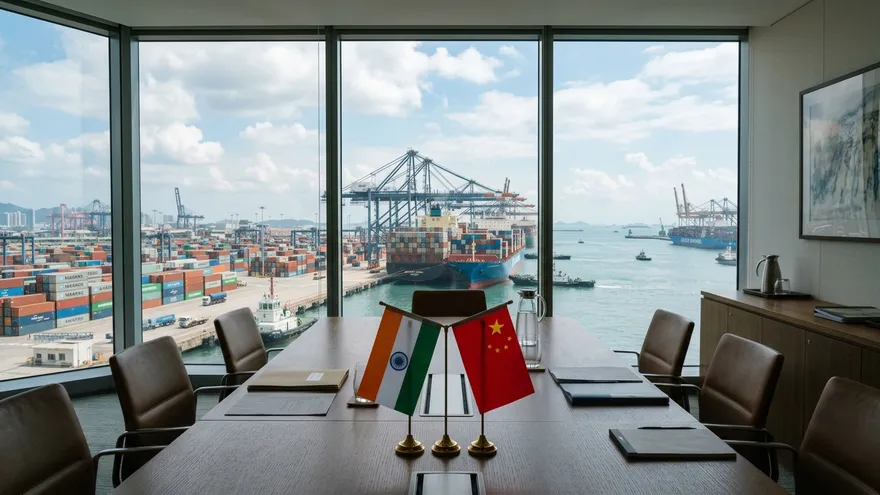 Ilustración de un puerto de conteneddores, con banderas de India y China.