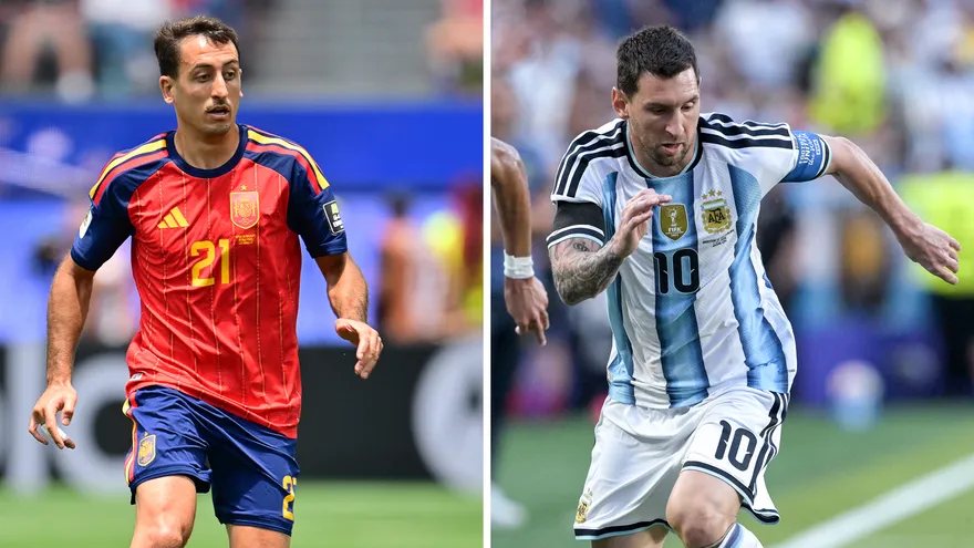 Pedro Porro, jugador de España y Lionel Messi, jugador de Argentina