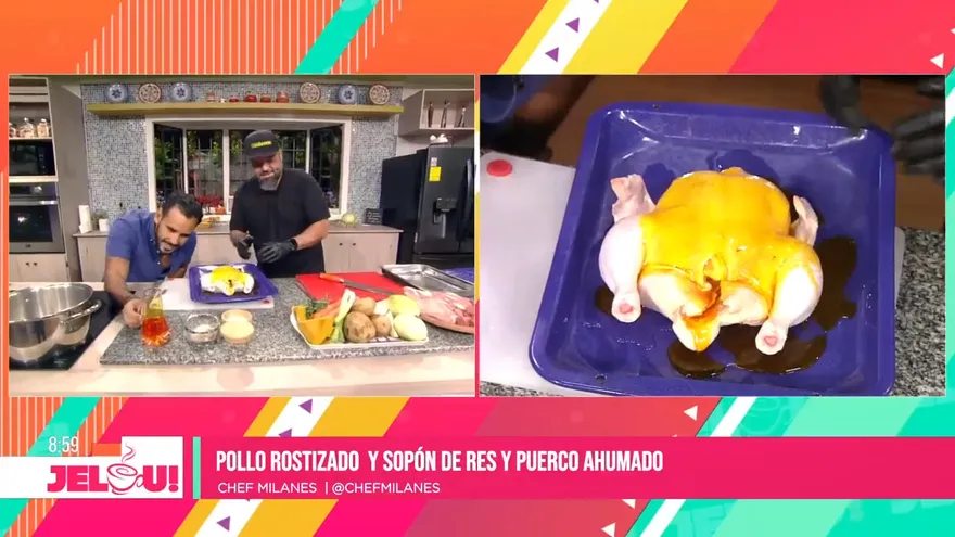 Receta: Pollo rostizado y sopón de res y puerco ahumado