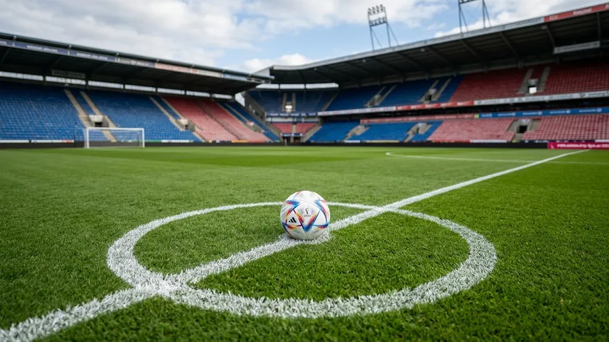 Balón sobre la mitad de una cancha de fútbol